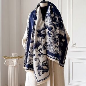 Indigo Floral Raw Hem Winter Scarf